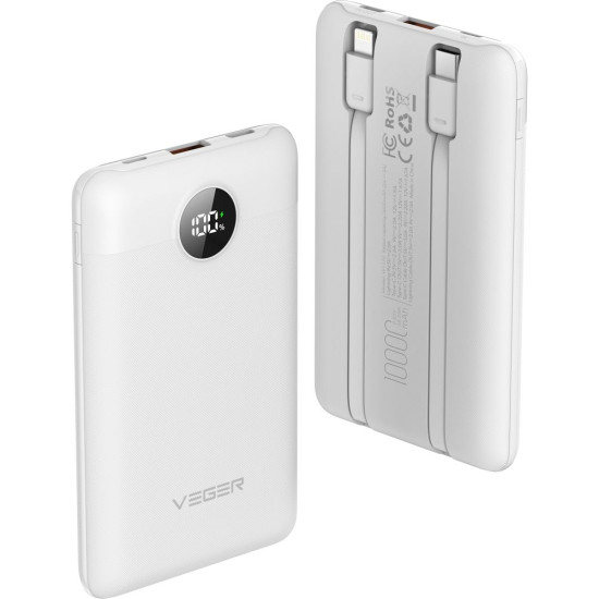 Bancă de energie VEGER 10000 mAh cu cabluri integrate Type C / Lightning PD QC3.0 2A 22,5W C11C (W1170)